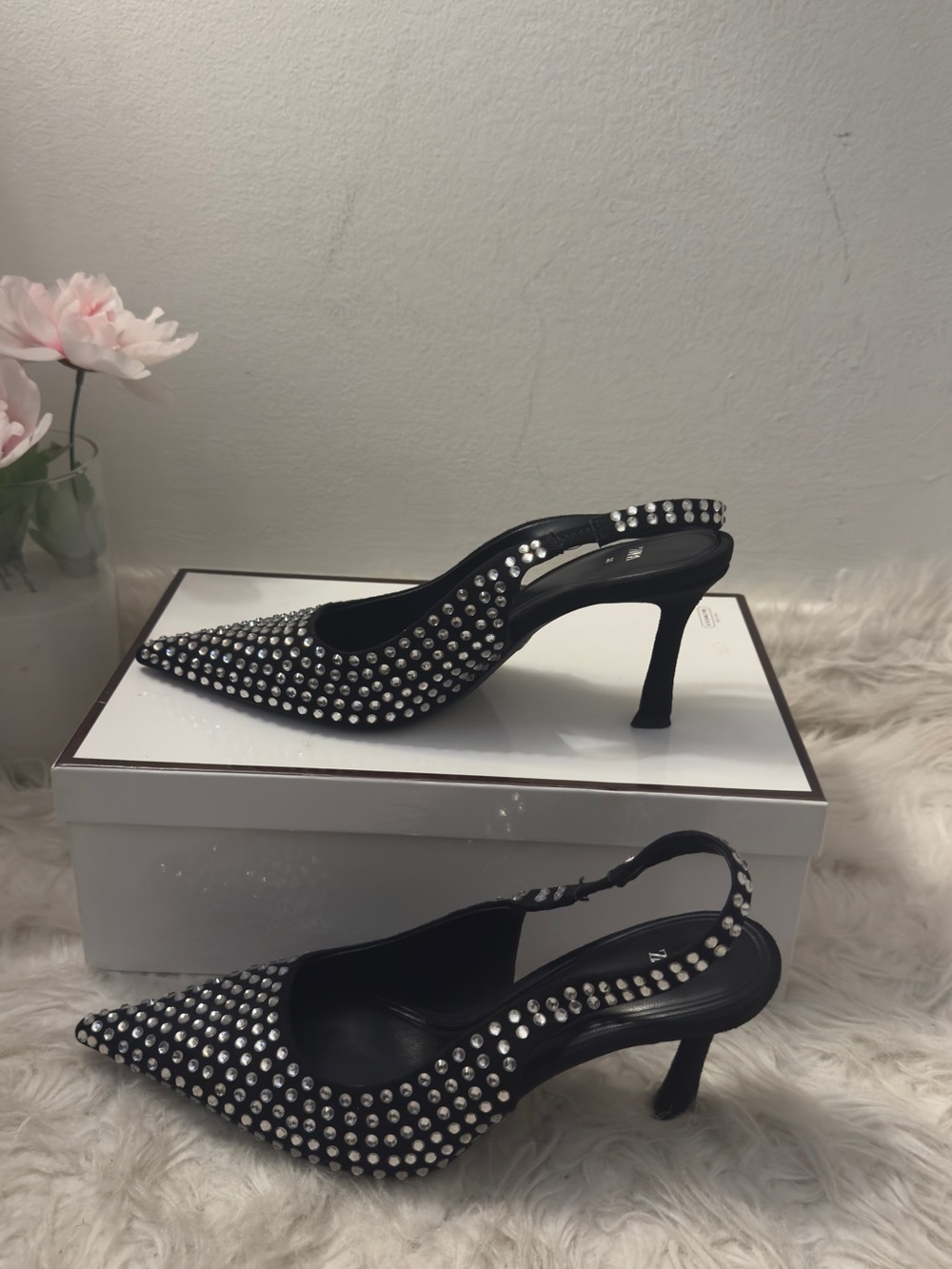 Zara Black Rhinestone Slingback Mules Crystal Heels Glam Evening Shoes Size:38